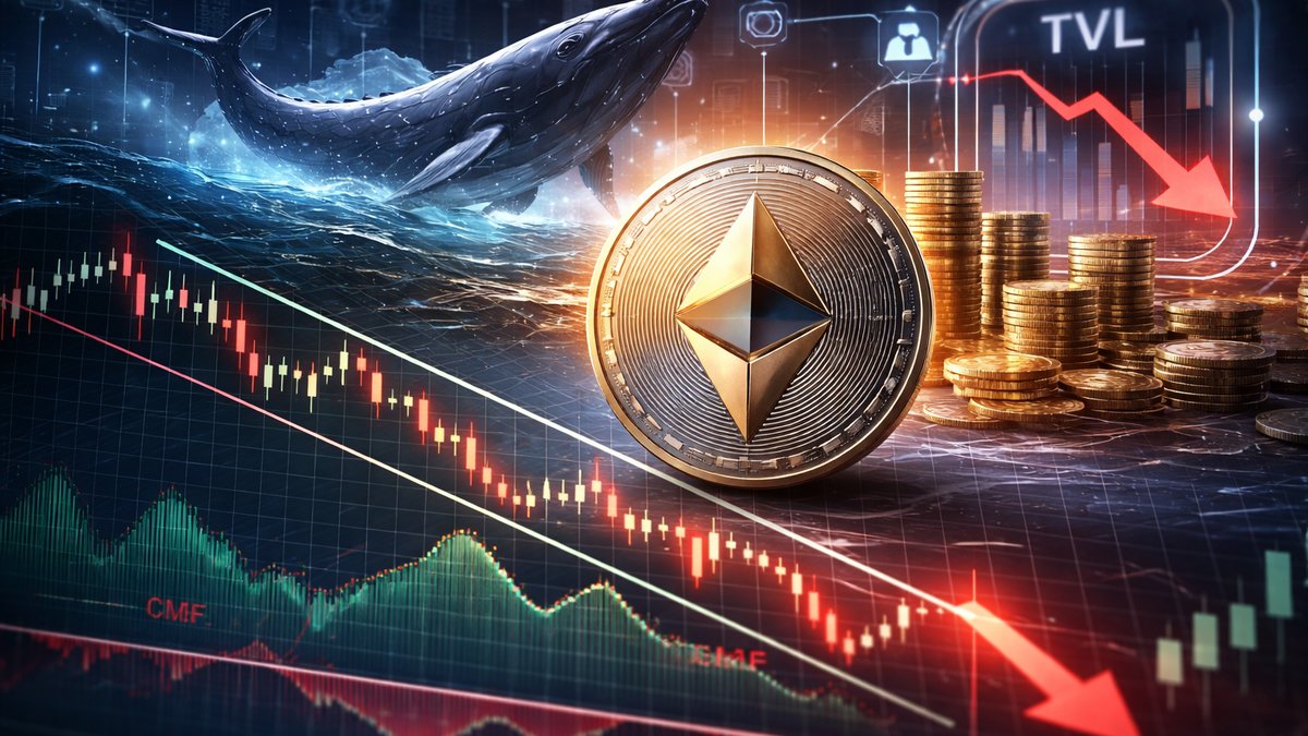 Grafikon prikazuje kretanje cijene Ethereuma i pad zaključane DeFi vrijednosti