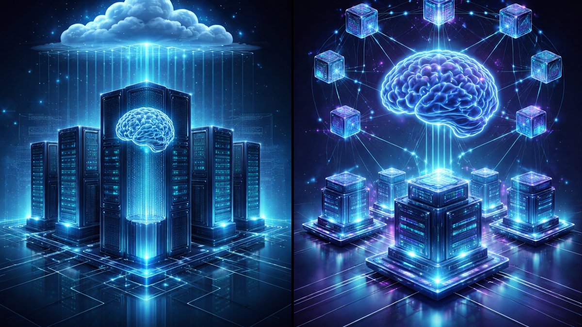 Dijagram razlike između centraliziranog i decentraliziranog AI ekosustava