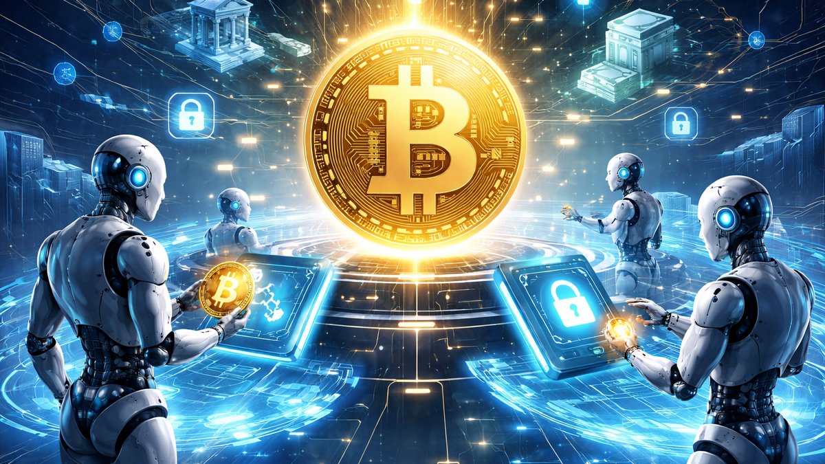 Digitalni novčić Bitcoin okružen futurističkim AI elementima i kodom