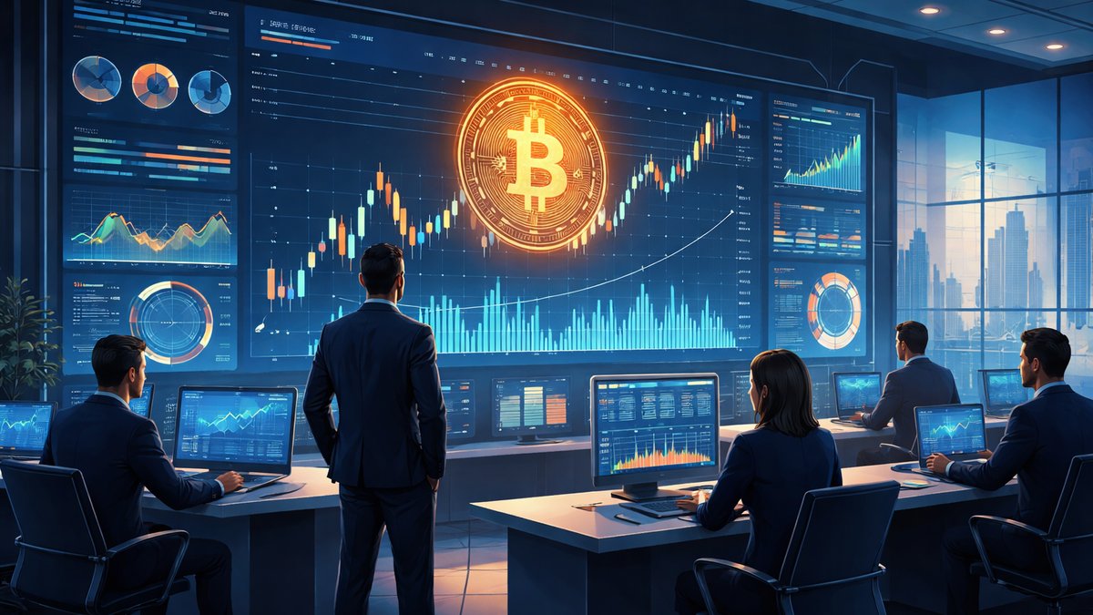 Menadžeri fondova promatraju grafikon cijene Bitcoina na ekranu