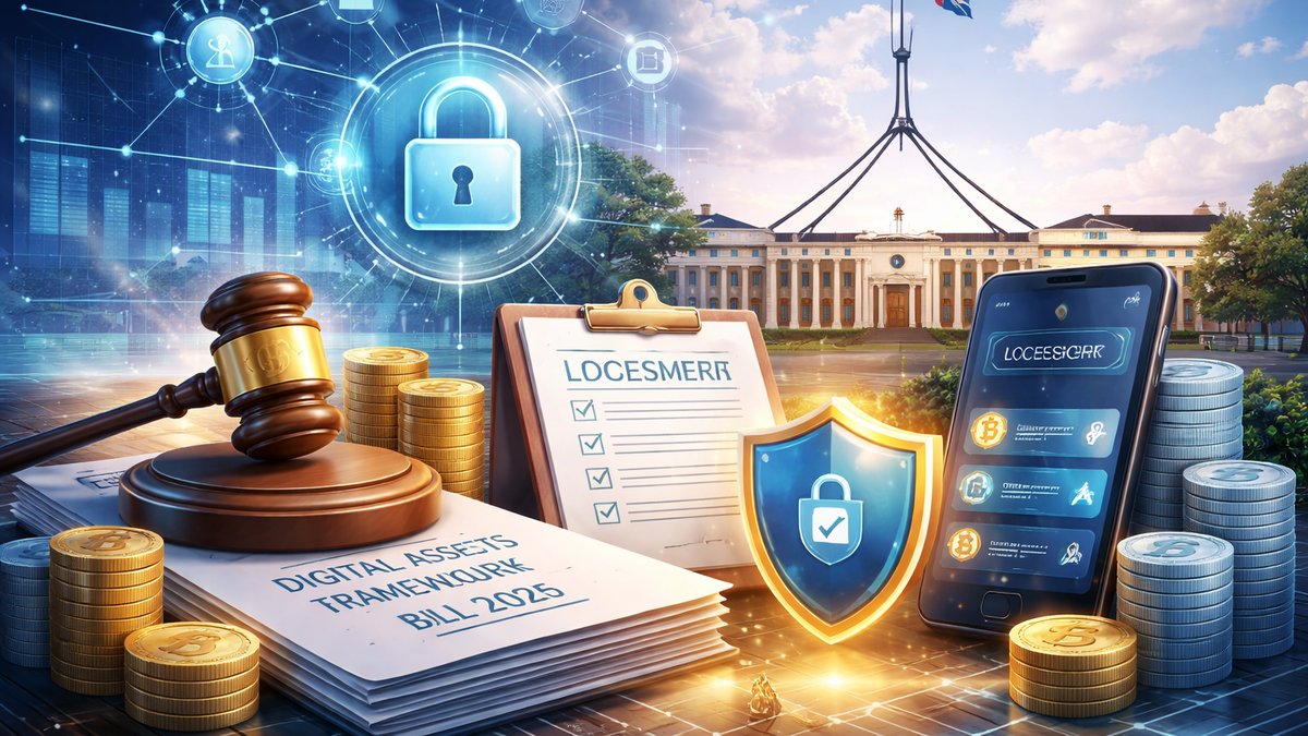 Zgrada australskog parlamenta uz simbol kriptovaluta i regulatorne dokumente