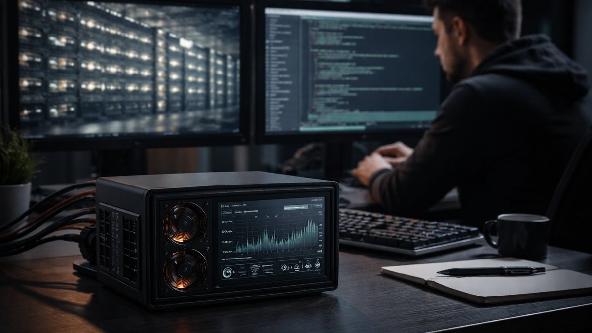 Korisnik nadzire kućni Bitcoin miner s touchscreenom