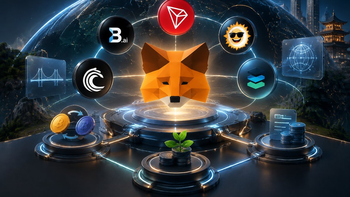 Logotipi B.AI-ja, SUN.io-a, JustLend DAO-a i BitTorrenta povezani s MetaMaskom