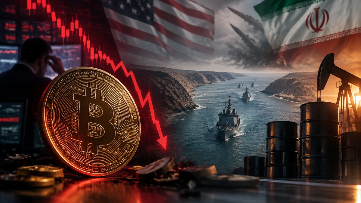 Crveni Bitcoin graf prikazuje pad cijene tijekom globalnih geopolitičkih napetosti