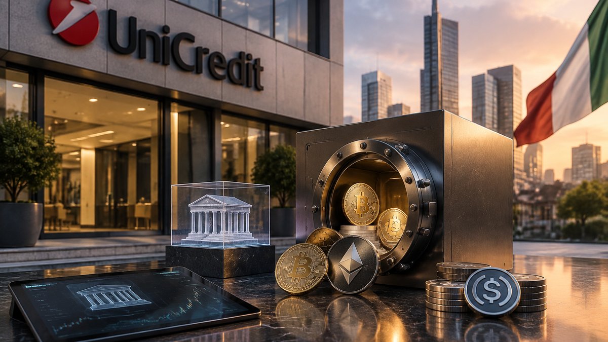 Sjedište UniCredita uz digitalne simbole kriptovaluta i sigurnog skrbništva