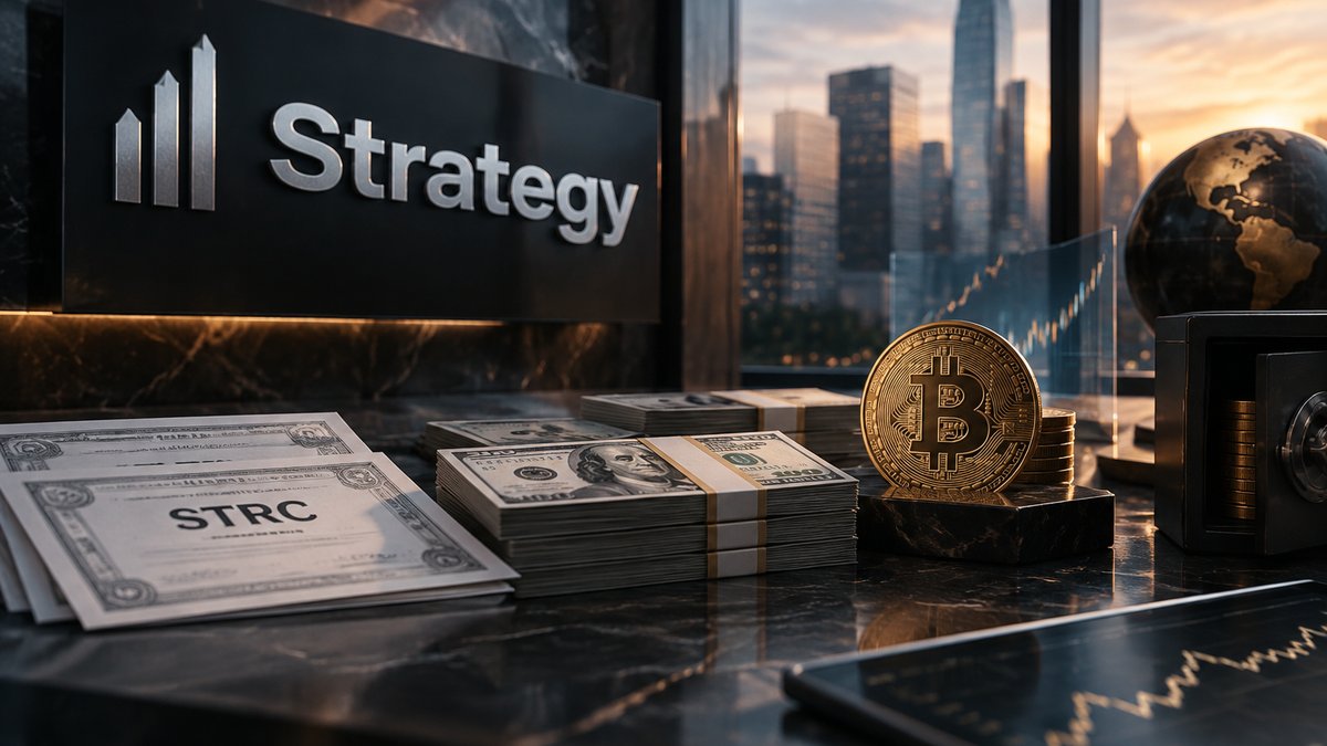 Logotip Strategyja uz graf dionica i simbol Bitcoina na zaslonu